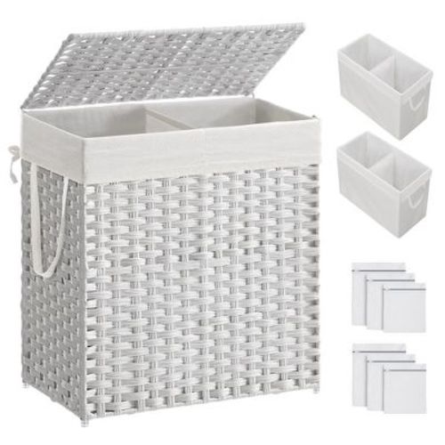 110l Laundry Hamper With Lid Clothes Hamper With 2 Removable Liner Bags & 6 Mesh Bags White