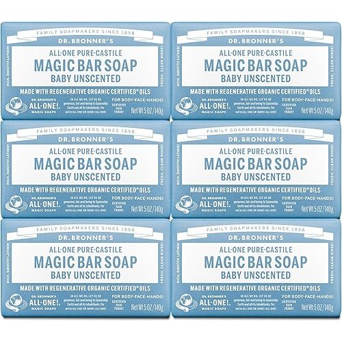 Dr. Bronner's Pure-Castile Magic Bar Soap (Baby Unscented, 5 oz, 6-Pack) - Made with Regenerative Organic Certified Oils, For Face, Body & Hair, Gentle for Sensitive Skin - Vegan, Non-GMO
