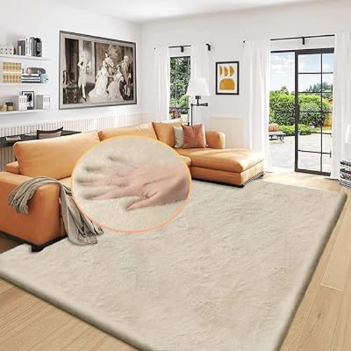 Washable Area Rug 6x9 Rugs for Living Room Light Brown Beige Plush Faux Bunny Fluffy Fur Rugs for Bedroom Large Shag Nursery Rugs
