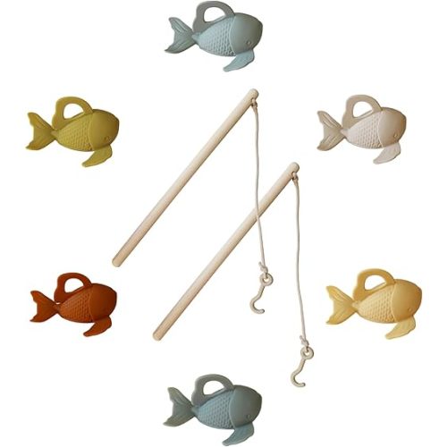 Marlowe & Co Silicone and Wooden Fishing Playset, 8 Piece Fishing Game for Toddlers and Children, Montessori Fine Motor Skills Toy for Toddlers, Gift for 3 4 5 6 Year Old