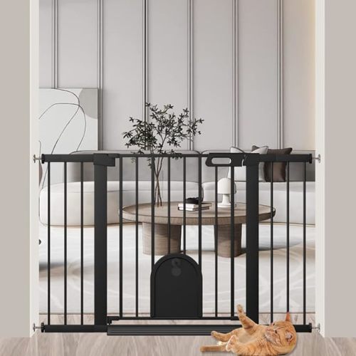 Baby Gate with Cat Door 29.5"- 48" Wide- Adjustable Pet Gate Cat Door for Puppy Dog Gate Stair Indoor- Pressure Mounted No Drill Child Safety Gate 30inch Tall Dog Barrier Doorway Walk Through, Black
