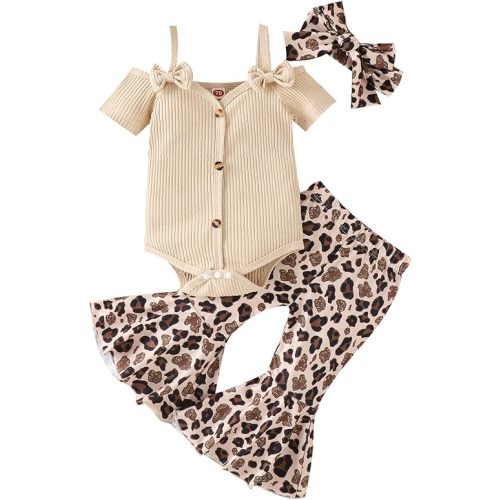 Fernvia Infant Baby Girl Clothes Suspenders Short Sleeve Ribbed Romper Flared Pants Set Headband 3pcs Summer Outfit