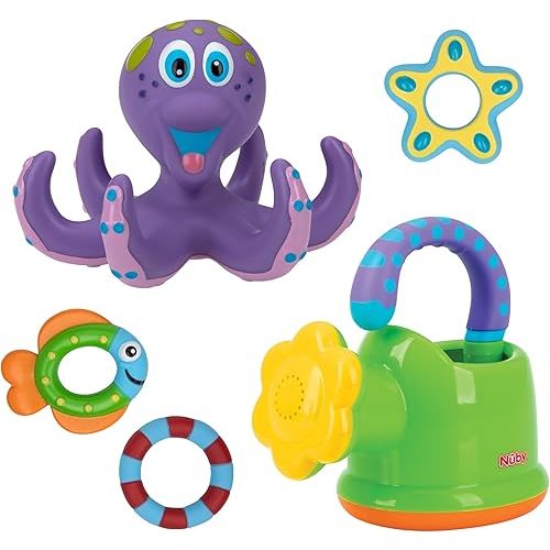Bundle of Nuby Fun Watering Can Bath Toy + Nuby Floating Octopus Toy with 3 Hoopla Rings - BPA Free Baby Bath Toy for Boys and Girls