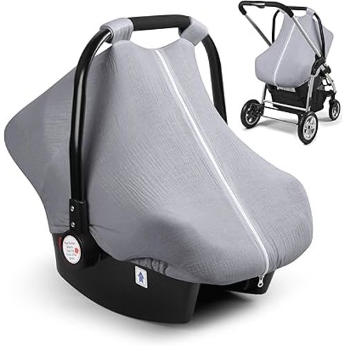 Elstey Muslin Baby Car Seat Cover, Breathable Carseat Canopy with Fully Zipper Opening, Universal Fit Infant Stroller Carrier Covers for Boys and Girls