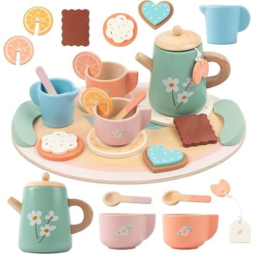 Tea Party Set for Little Girls, Wooden Kids Tea Set with Teapot Cups Coasters Carrying Dessert, Picnic Outdoor Toys Pretend Play Kitchen Accessories for 3 4 5 Years Old