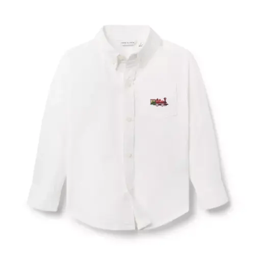 Boy White Embroidered Train Oxford Shirt by Janie and Jack