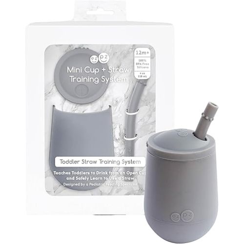 ezpz Mini Cup + Straw Training System - 9 Months+ (Gray) - 100% Silicone Training Cup for Infants + Toddlers - Designed by a Pediatric Feeding Specialist