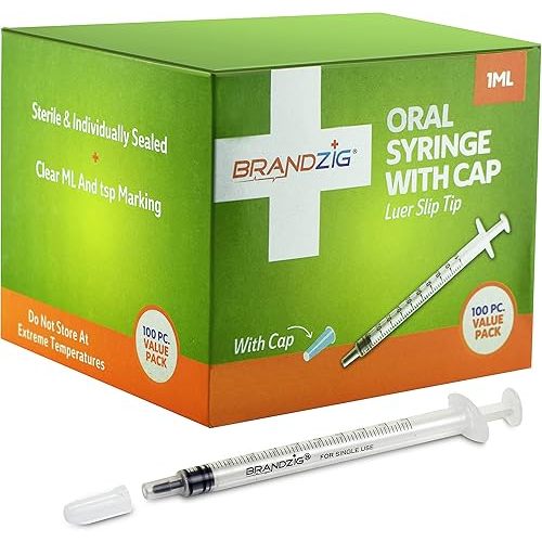 1ml Syringe with Cap (100 Pack) | Oral Dispenser Without Needle, Luer Slip Tip, | Individually Wrapped Medicine Dropper for Infants & Pets