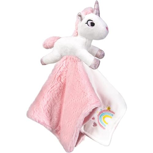BORITAR Pink Unicorn Security Blanket with Stuffed Animal for Girls, Snuggle Elephant Lovie Plush Stitching Blanket Rainbow Pattern, Soft Newborn Blankie for Infant Gift 14 Inch