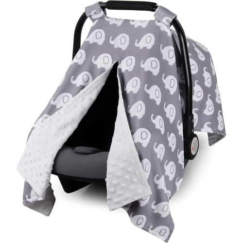 Rquite Car Seat Cover Baby, Carseat Covers for Boy Girl, Minky Infant Car Seat Cover Winter, Peekaboo Opening Car Seat Canopy, Multiuse Baby Carrier, Stroller, Nursing Cover, Minky Blanket, Elephant