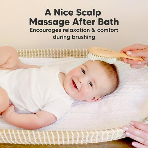 Baby Hair Brush - Baby Brush with Soft Goat Bristles, Cradle Cap Brush, Perfect Scalp Grooming Product for Infant, Toddler, Kids, Newborns, Baby Girls, Boys (Walnut, Oval)