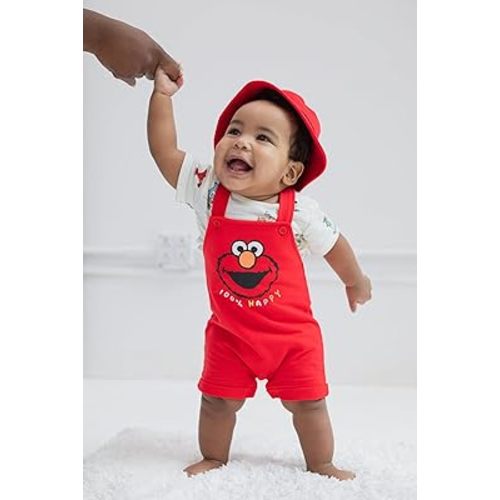 Sesame Street Elmo French Terry Short Overalls T-Shirt and Hat 3 Piece Outfit Set Newborn to Toddler