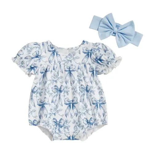 Baby Girl Bow Print Romper Ruffle Sleeve Bodysuit with Bow Headband - TikTok Shop