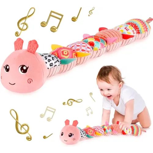 Infant Baby Musical Stuffed Animal Activity Soft Toys with Multi-Sensory Crinkle, Rattle and Textures for 0-3-6-12 Months Developmental Toys, Caterpillar, Pink