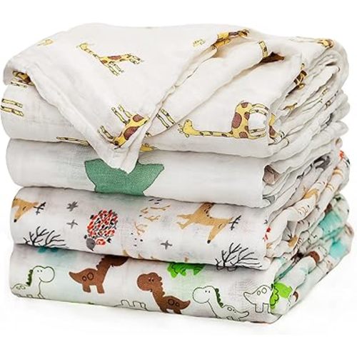 upsimples Baby Swaddle Blanket Unisex Swaddle Wrap Soft Silky Muslin Swaddle Blankets Neutral Receiving Blanket for Boys and Girls, 47 x 47 inches, Set of 4 - Fox/Elephant/Giraffe/Dinosaur