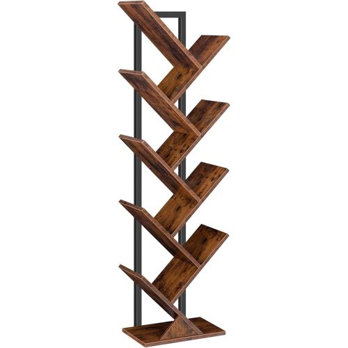 HOOBRO Tree Bookshelf, 9-Tier Bookcase Wooden Shelves, Floor Standing Storage Rack, for Display of CDs, Books in Living Room, Home Office, Wood Storage Rack for Bedroom, Rustic Brown BF08SJ01G1