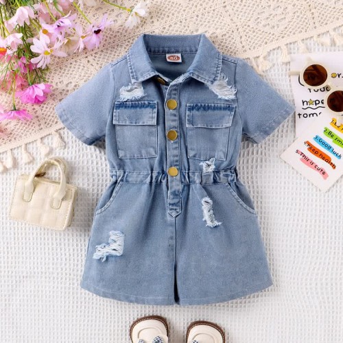 Baby Girl Ripped Jeans Lapel Romper