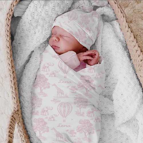 Personalized Pink Toile Swaddle Blanket Set: Baby Girl Safari Nursery