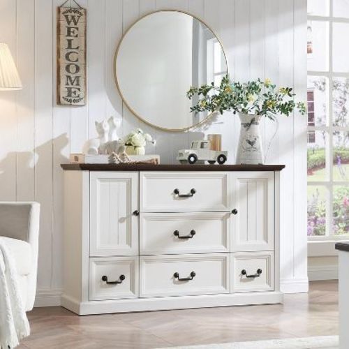 Farmhouse 5 Drawer Dresser, 47.5″ Rustic Wood Dressers Organizer with Sliding Barn Doors for Bedroom, Kitchen, Hallway, Antique White