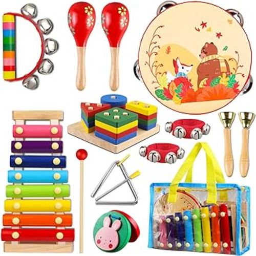 LOOIKOOS Baby Musical Toys ,Musical Instruments for Toddlers 1-3 Kids Wooden Music Shakers Percussion Instruments Tambourine Birthday Gifts Present with Carrying Bag