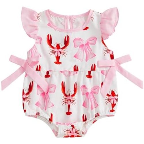 Newborn Baby Girl Crawfish Outfit Bow Lobster Romper Ruffle Sleeveless Bodysuit Infant Summer Clothes