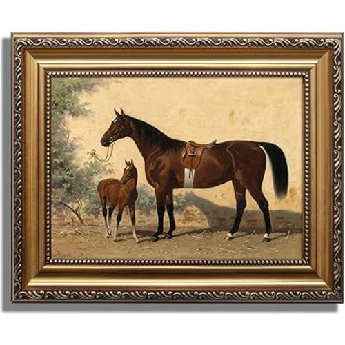 KBKBART Gold Framed Vintage Wall Art, Vintage Horse Painting Farmhouse Decor, Rustic Antique Western Art Prints Wall Hanging Decor for Living Room, Bathroom, Office, Bedroom (9"x12")