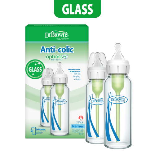 Dr. Brown's Natural Anti-Colic Glass Baby Bottle, 2 Pack, 8 oz with Slow Flow Nipple, 0m+