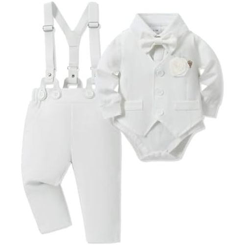 Baby Boy Clothes Suit Infant Gentleman Wedding Outfit Dress Shirt+Bowtie+Vest+Corsage+Suspender+Pants 6Pcs Set 0-24M