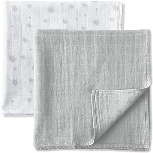 MOZAH Organic Muslin Swaddle Blankets - 100% Soft Organic Cotton - Baby Girl Blanket and Baby Boy Blanket - Ideal Baby Registry Items Unisex Essentials - Baby Swaddles (Grey & Stars)