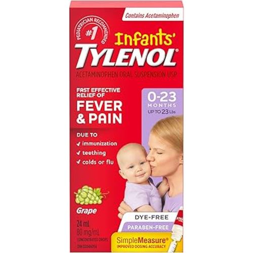 Tylenol Infant Fever, Teething and Pain Reliever for Baby, Grape Suspension Medicine, Dye Free, 24ML