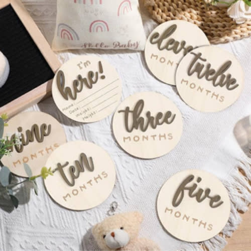 3D Baby Monthly Milestone Card Signs Baby Announcement Sign 7 Pack Double Sided Hello World Newborn Signs Wooden Circles Discs for Welcome Newborn Shower Boy Girl Photo Props(Brown)