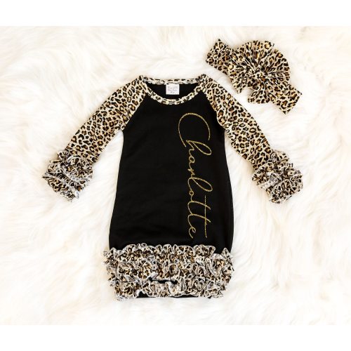 Custom Baby Gown - Baby Girl Layette Set - Newborn Gown - Coming Home Outfit - Personalized Baby Gown - Leopard Print Baby Sleeper Gown
