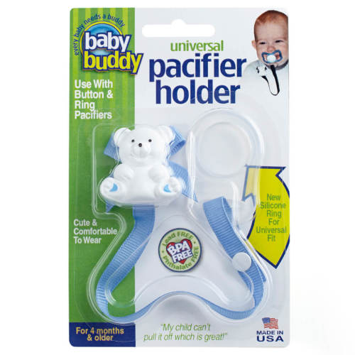 Baby Buddy Universal Pacifier Holder Clip- Snaps to Paci or Attach with Universal Fit Silicone Ring, 4+ Months Blue 1pk