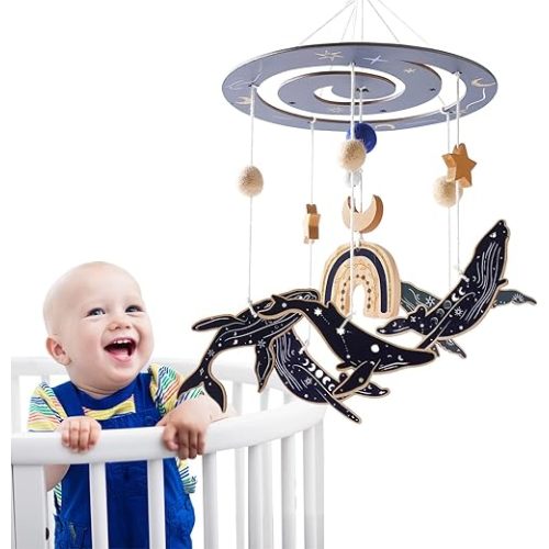 Crib Mobile Baby Nursery Mobiles | Baby Mobile for Crib | Handmade Nursery Crib Mobile | Ocean Whale Theme Hanging Decor for Boys Girls Bedroom Cot Cabin (Blue Whale)