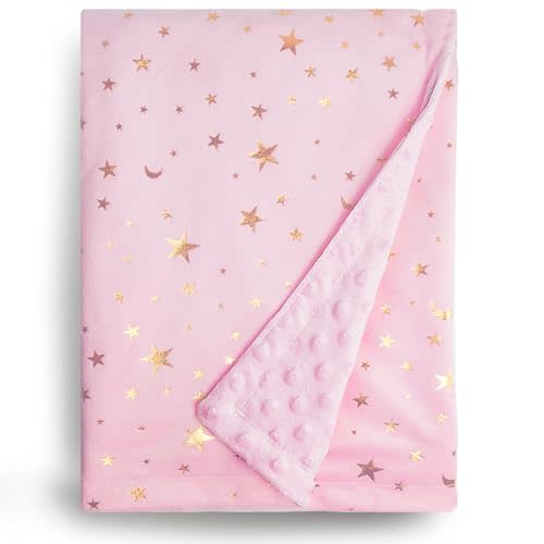 YCHWFF Baby Blankets for Unisex Boys Girls, Super Soft Nursery Minky Blankets with Muslin Cotton Front and Dotted Fleece Backing, Star and Moon Printed 30 x 40 Inch Receiving Blanket (Pink)
