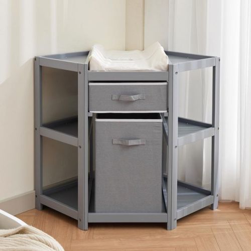 Corner Diaper Changing Table, Baby Diaper Changing Station With Storage Drawer And Laundry Hamper, For Newborn Infant, Gray