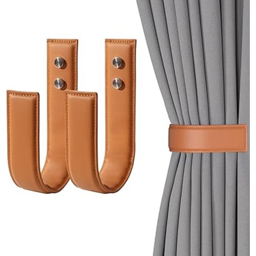 OCIOLI 2 Pack Modern Curtain Holdbacks U Shaped Curtain Tiebacks PU Leather Drapery Holdbacks Curtain Pull Backs Curtain Wall Hooks Curtain Holders for Drapes (2, Coffee)