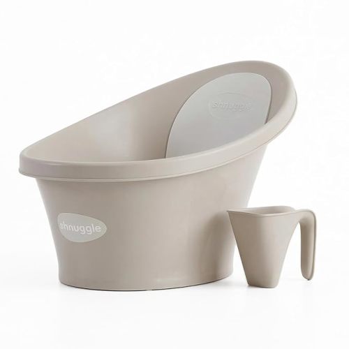Shnuggle Newborn Bath Essentials Bundle | Baby Bath with Support Bump and Soft Backrest & Rinse Jug | Safe, Gentle, and Stylish Bathtime Set for Babies & Toddlers | Taupe