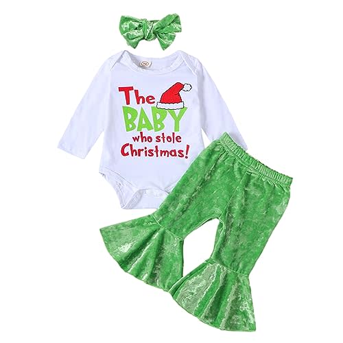 Muasaaluxi Newborn Baby Girl Christmas Outfit The Baby Who Stole Christmas Romper Shirts Flared Pants Headband Set 0-18M