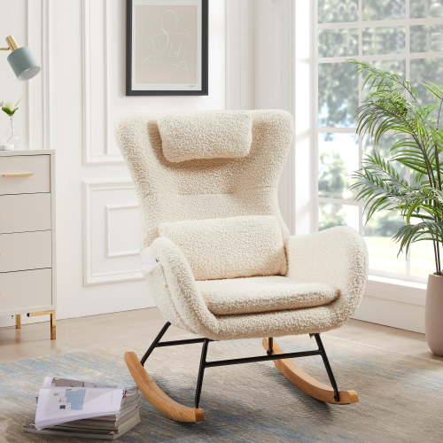Holaki Nursery Rocking Chair Teddy, Modern Rocking Chair with High Backrest for Living Room Bedroom, Beige