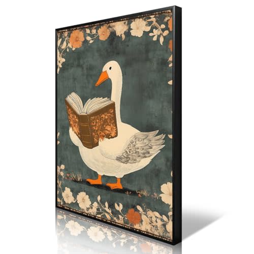 Nursery Animal Canvas Wall Art, Whimsical Goose Reading A Book Poster, Cozy Folk Art Print, Countryside Animal and Botanical Flowers Wall Painting for Kids Reading Corner 12x16in Unframed