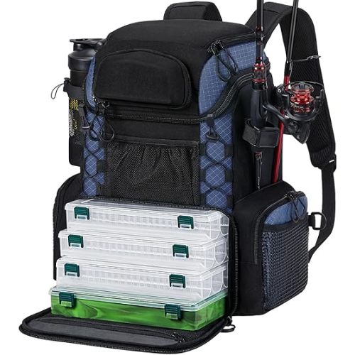 Emergency Go Bag - for Suction/Emergency Care Piscifun Fishing Tackle Backpack with Rod Holders & 4 Tackle Boxes, Outdoor Fishing Bag with Waterproof Rain Cover - Black/Blue