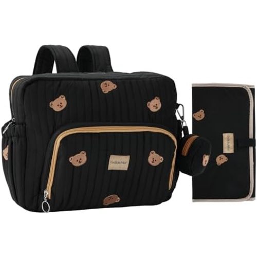 Diaper Bag Backpack, Mini Maternity baby bag with Changing Pad, Insulated Pockets, Stroller Straps & Pacifier Case (Black - Bears)