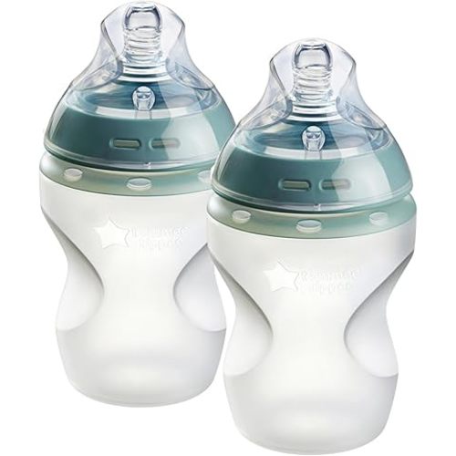 Tommee Tippee Natural Start Anti Colic 9 oz BPA Free Silicone Baby Bottles, 0+ Months, Silicone Feels Like Mother's Skin, Slow Flow Breast-Like Nipple, Clear, Pack of 2