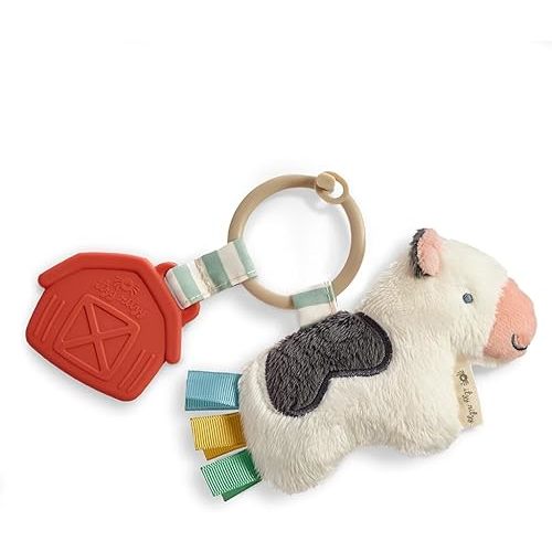Itzy Ritzy Infant Toy & Teether - Itzy Pal Baby Teething Toy Includes Lovey, Crinkle Sound, Textured Ribbons & Silicone Teether Toy for Newborn (Cow)
