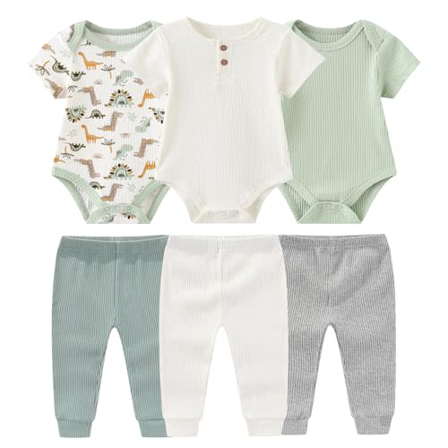 Ruliby Baby Bodysuit and Pant Set 6-pcs Ribbed Soft Infant Boy Girl Clothes Outfits