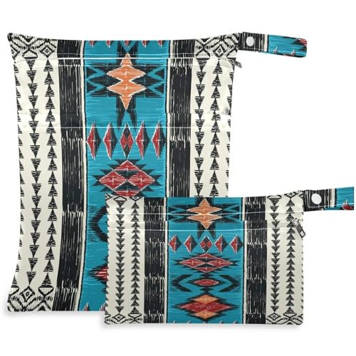 visesunny Tribal Aztec Geometric Pattern 2Pcs Wet Bag with Zippered Pockets Washable Reusable Roomy for Travel,Beach,Pool,Daycare,Stroller,Diapers,Dirty Gym Clothes, Wet Swimsuits, Toiletries