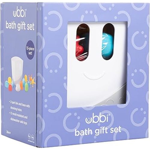 Ubbi Baby Bath Time Essential Gift Set, Stand Up Draining Bath Toy Bin, Dishwasher Safe, White