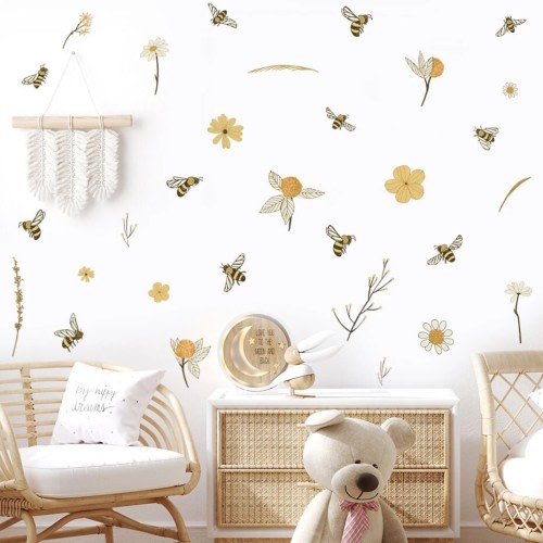 Boho Nursery FLORAL FLOWER Daisy Bee Nursery Wall Decals, Boho Nursery Wall Decal Sticker, REMOVEABLE Wall Decal Sticker, Boho Nursery Decor