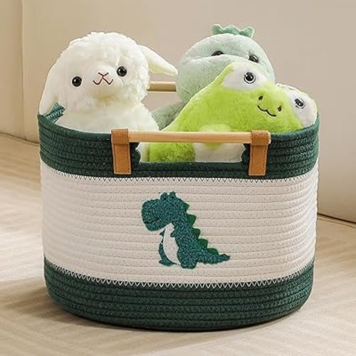 Large Blanket Basket 35L Cotton Rope Basket with Wooden Handles Woven Baskets for Kids Stuffed Animal Toys Storage for Nursery, Laundry Hamper Clothes Baby Hamper Boys Gift Basket Empty, (Dinosaur ）